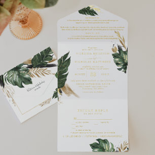 Tropical Green Palm & Banana Leaf Wedding All-in-One-Einladung