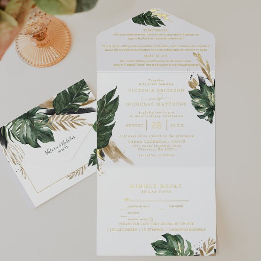 Tropical Green Palm & Banana Leaf Wedding All-in-One-Einladung