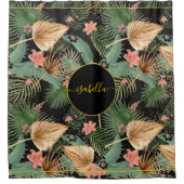 Tropical Green Palm Blätter Monogram Black Duschvorhang (Vorderseite)