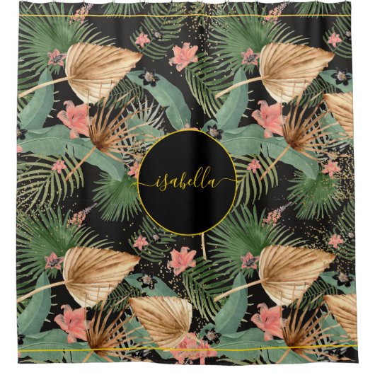 Tropical Green Palm Blätter Monogram Black Duschvorhang (Vorderseite)