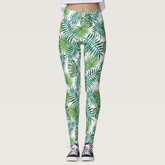 Tropical Green Palm Blätter Muster Leggings (Vorderseite)