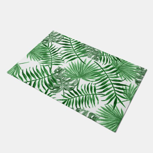 Tropical Green Palm Blätter Sommer Wasserfarben Ku Fußmatte (Schrägansicht)