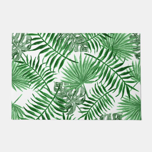 Tropical Green Palm Blätter Sommer Wasserfarben Ku Fußmatte (Vorderseite)