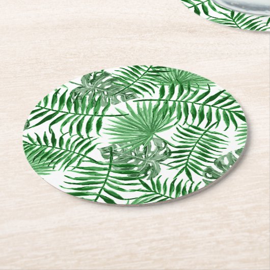 Tropical Green Palm Blätter Summer Art Pattern Runder Pappuntersetzer (Angewinkelt)
