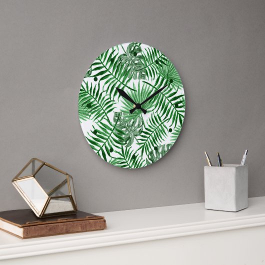 Tropical Green Palm Blätter Summer Watercolor Art Große Wanduhr (Büro)