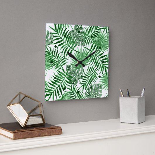 Tropical Green Palm Blätter Summer Watercolor Art Quadratische Wanduhr (Büro)