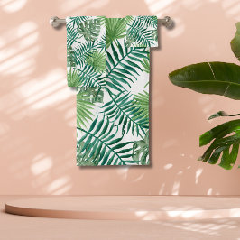 Tropical Green Palm Blätter Wasserfarben Kunst Badhandtuch Set
