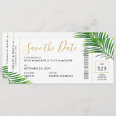 Tropical Green Palm Boarding Pass Rett Date Card Ankündigung (Vorne/Hinten)