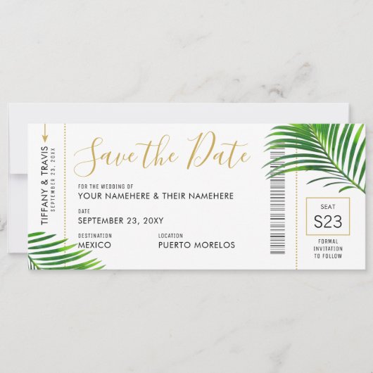 Tropical Green Palm Boarding Pass Rett Date Card Ankündigung (Vorderseite)