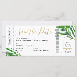 Tropical Green Palm Boarding Pass Rett Date Card Ankündigung