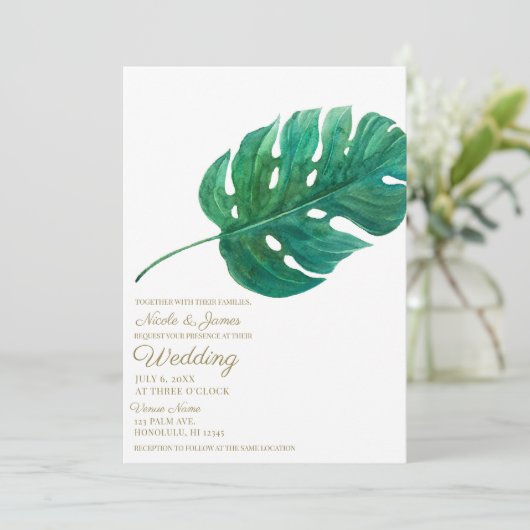 Tropical Green Palm Leaf Hawaiian Summer Wedding Einladung (Stehend Vorderseite)