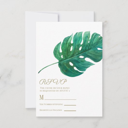 Tropical Green Palm Leaf Hawaiian Wedding RSVP Karte (Vorderseite)