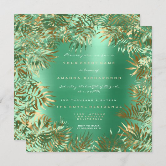 Tropical Green Palm Leaf Rahmen Metallic Mint Gold Einladung (Vorne/Hinten)