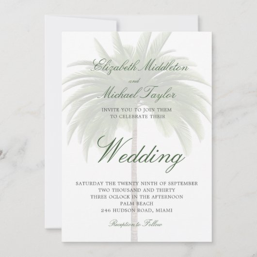 Tropical Green Palm Tree Elegante Moderne Hochzeit Einladung (Rückseite)
