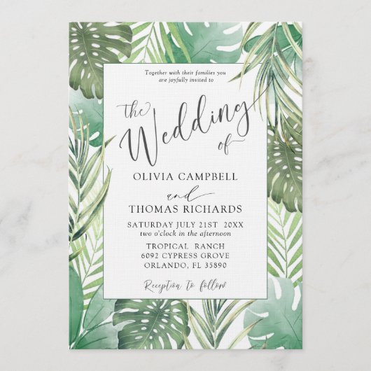 Tropical Green Watercolor Palm Wedding Einladung (Vorderseite)