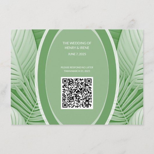 Tropical Green Wedding RSVP QR Code Enclosure Card Begleitkarte (Rückseite)