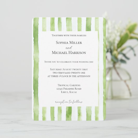 Tropical Green White Stripes Wedding Einladung (Stehend Vorderseite)