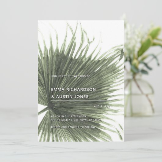 Tropical Greenerity Palm Botanic Wedding Einladung (Stehend Vorderseite)