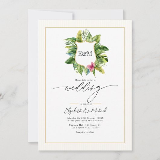 Tropical Greenerity Wedding Foto und QR Code Einladung (Vorderseite)