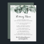 Tropical Greenerity Wedding Kissing Menu Game Card<br><div class="desc">Diese Karte mit tropischem Grün ist ideal für einen rustikalen Hochzeitsempfang. Die Einrichtung besteht aus grünen Palmenbouquets mit hübschen weißen Blume.</div>
