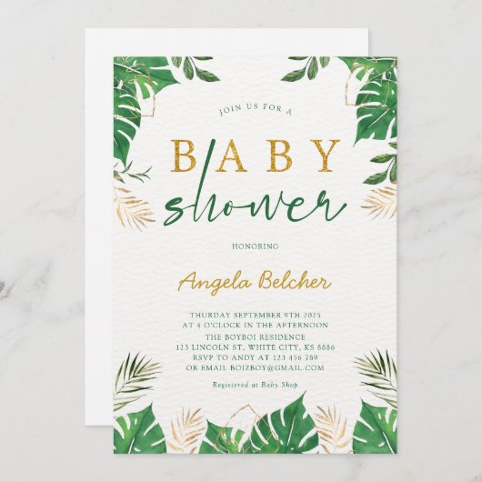Tropical Greenery Baby Dusche Einladung (Vorne/Hinten)