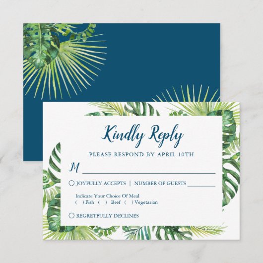 Tropical Greenery Blue Beach Wedding RSVP Card Karte (Vorne/Hinten)