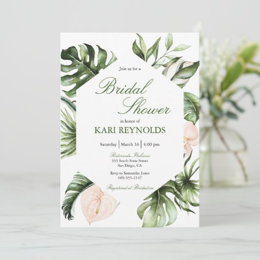 Tropical Greenery Blumendusche Einladung (Stehend Vorderseite)
