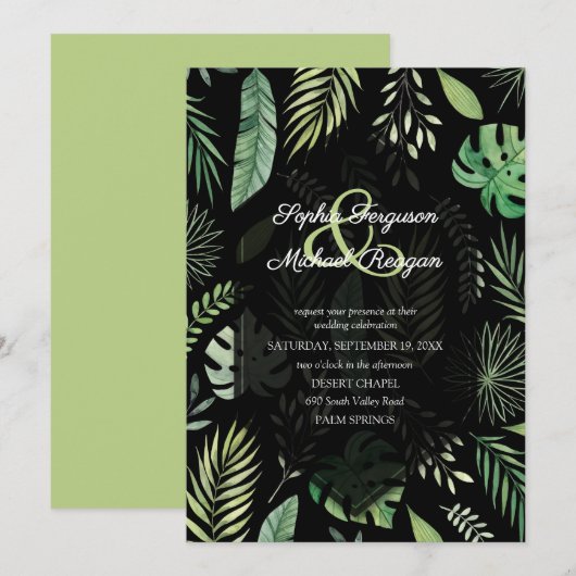 Tropical Greenery Botanical Black Wedding Einladun (Vorne/Hinten)