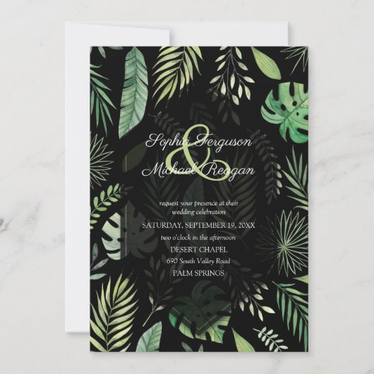Tropical Greenery Botanical Black Wedding Einladun (Vorderseite)