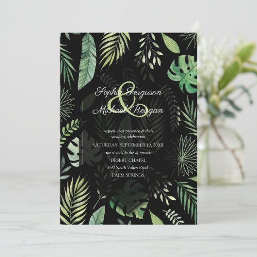Tropical Greenery Botanical Black Wedding Einladun (Stehend Vorderseite)