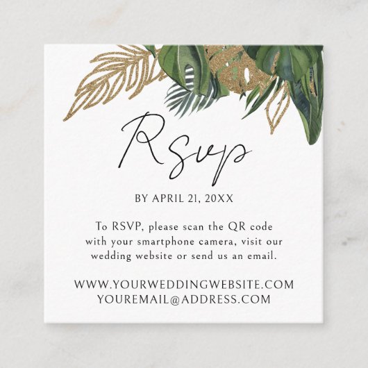 Tropical Greenery Botanical QR Code Wedding RSVP Begleitkarte (Vorderseite)