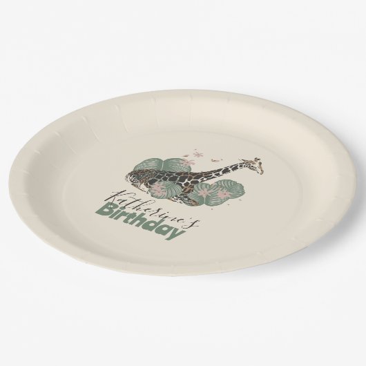 Tropical Greenery Giraffe Animal Birthday Party Pappteller (Schrägansicht)