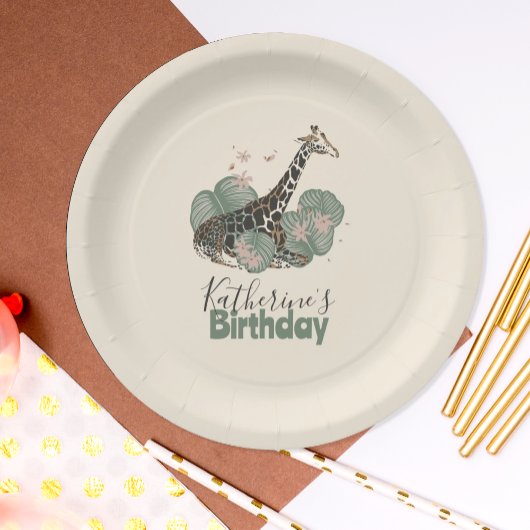 Tropical Greenery Giraffe Animal Birthday Party Pappteller