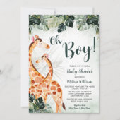 Tropical Greenery Giraffe Oh Boy Baby Shower Einladung (Vorderseite)