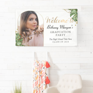 Tropical Greenery Gold Arch Foto Graduation Party Banner