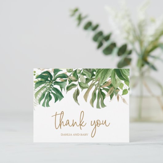 Tropical Greenery Gold Gender Neutral Baby Dusche Dankeskarte (Stehend Vorderseite)