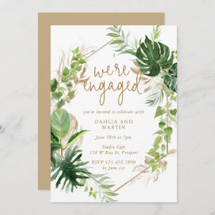 Tropical Greenery Gold Geometric Engagement Party Einladung