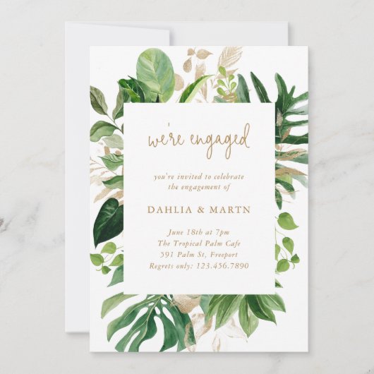 Tropical Greenery Gold Geometric Engagement Party Einladung (Vorderseite)