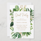 Tropical Greenery Gold Geometric Graduation Party Einladung (Vorderseite)