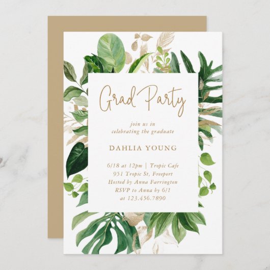 Tropical Greenery Gold Geometric Graduation Party Einladung (Vorne/Hinten)