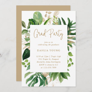 Tropical Greenery Gold Geometric Graduation Party Einladung