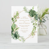 Tropical Greenery Gold Geometric Modern Wedding Einladung (Stehend Vorderseite)