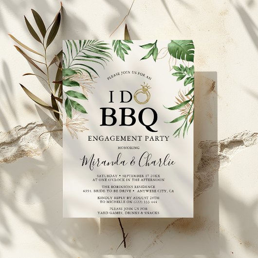 Tropical Greenery & Gold "I Do GRILLEN" Verlobung Einladung
