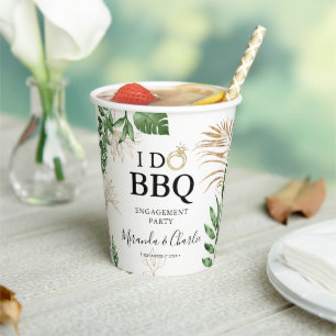 Tropical Greenery & Gold "I Do GRILLEN" Verlobung Pappbecher