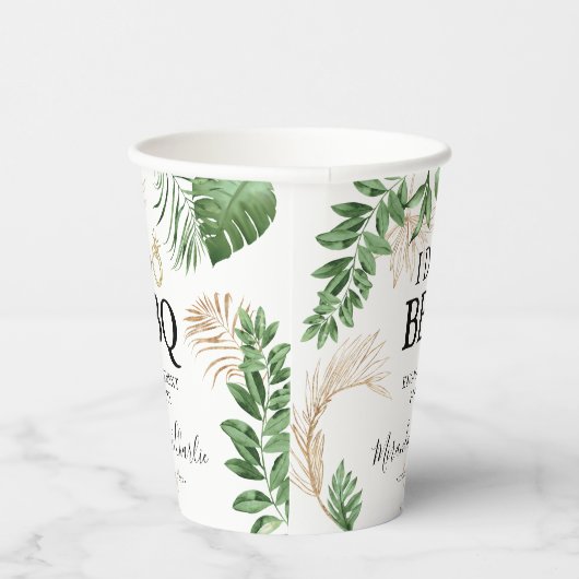 Tropical Greenery & Gold "I Do GRILLEN" Verlobung Pappbecher (Rechts)
