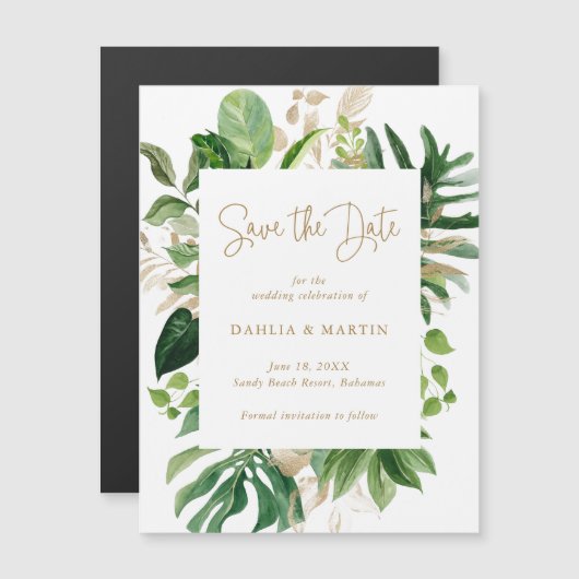Tropical Greenery Gold Modern Save the Date Magneteinladung (Vorne/Hinten)