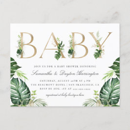 Tropical Greenery Gold Typografy Baby Shower Einladungspostkarte
