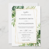 Tropical Greenery Leafy Gold Geometric Wedding Einladung (Vorderseite)