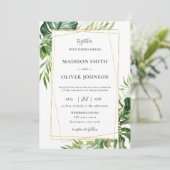 Tropical Greenery Leafy Gold Geometric Wedding Einladung (Stehend Vorderseite)