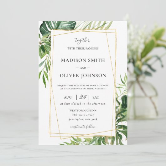 Tropical Greenery Leafy Gold Geometric Wedding Einladung (Stehend Vorderseite)